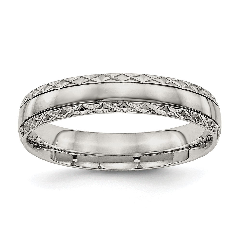 Stainless Steel Polished Satin Center Criss Cross Design 5mm Grooved Band