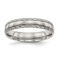 Stainless Steel Polished Satin Center Criss Cross Design 5mm Grooved Band