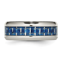 Stainless Steel Polished w/Blue Carbon Fiber Inlay 8mm Beveled Edge Band