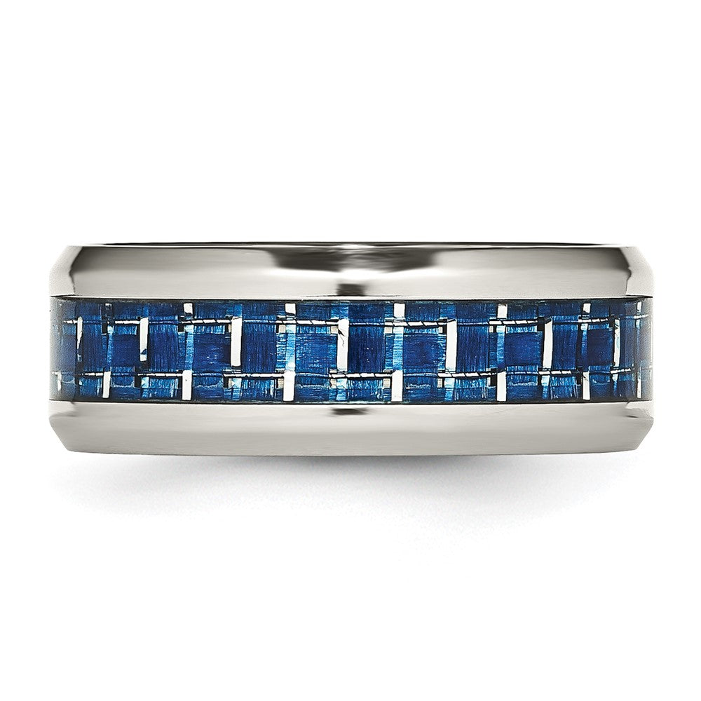 Stainless Steel Polished w/Blue Carbon Fiber Inlay 8mm Beveled Edge Band