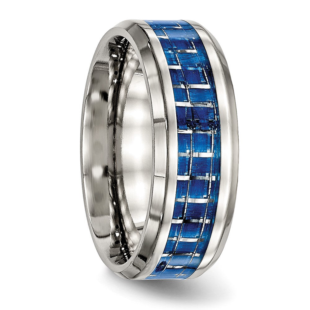 Stainless Steel Polished w/Blue Carbon Fiber Inlay 8mm Beveled Edge Band