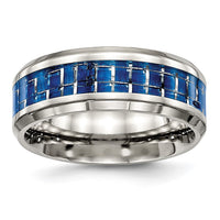 Stainless Steel Polished w/Blue Carbon Fiber Inlay 8mm Beveled Edge Band