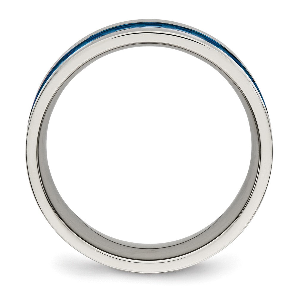 Stainless Steel Polished Blue IP-plated Checkered Design 7mm Band