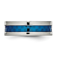 Stainless Steel Polished Blue IP-plated Checkered Design 7mm Band