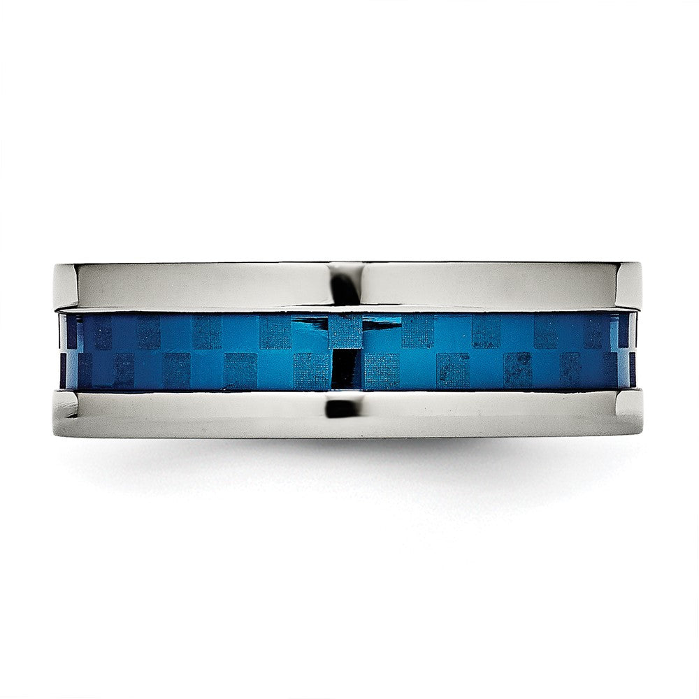 Stainless Steel Polished Blue IP-plated Checkered Design 7mm Band