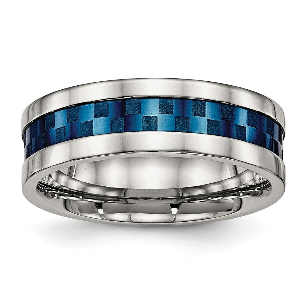 Stainless Steel Polished Blue IP-plated Checkered Design 7mm Band