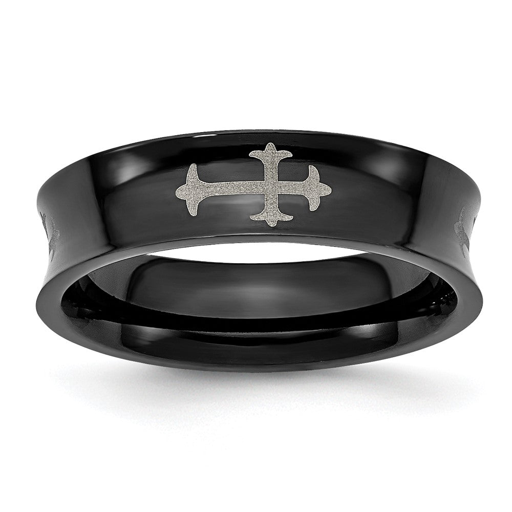 Stainless Steel Polished Black IP-plated Cross 6mm Concave Band