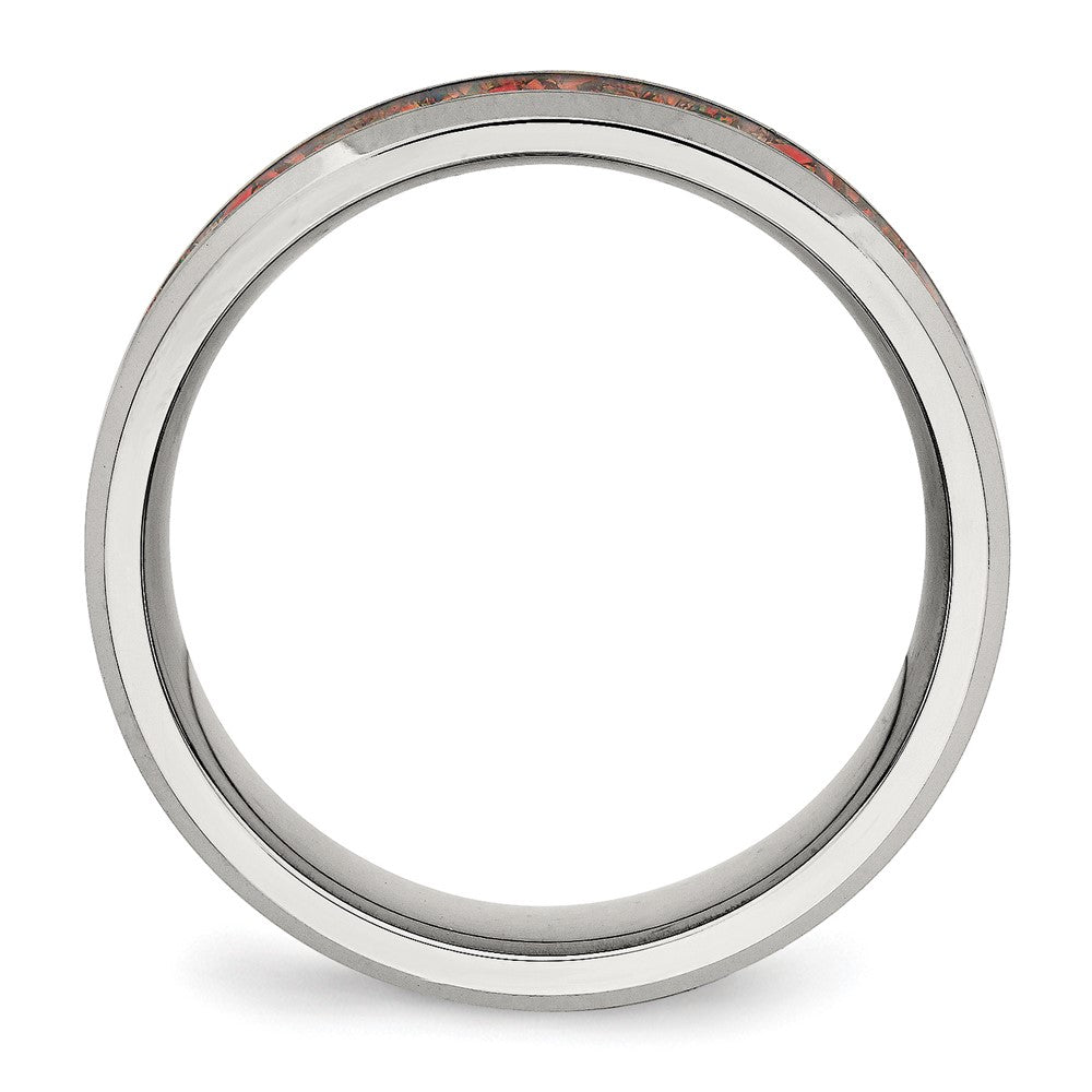 Stainless Steel Polished with Red Imitation Opal Inlay 8mm Band