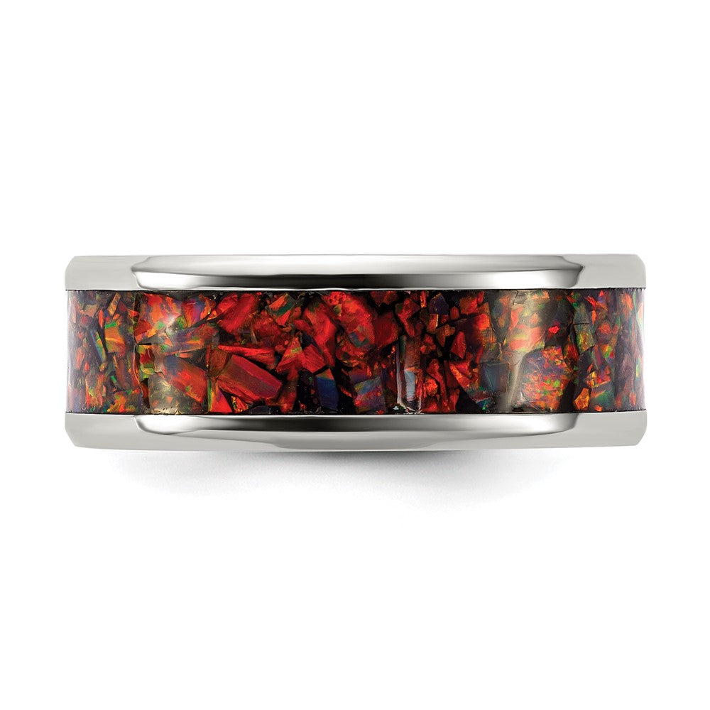 Stainless Steel Polished with Red Imitation Opal Inlay 8mm Band