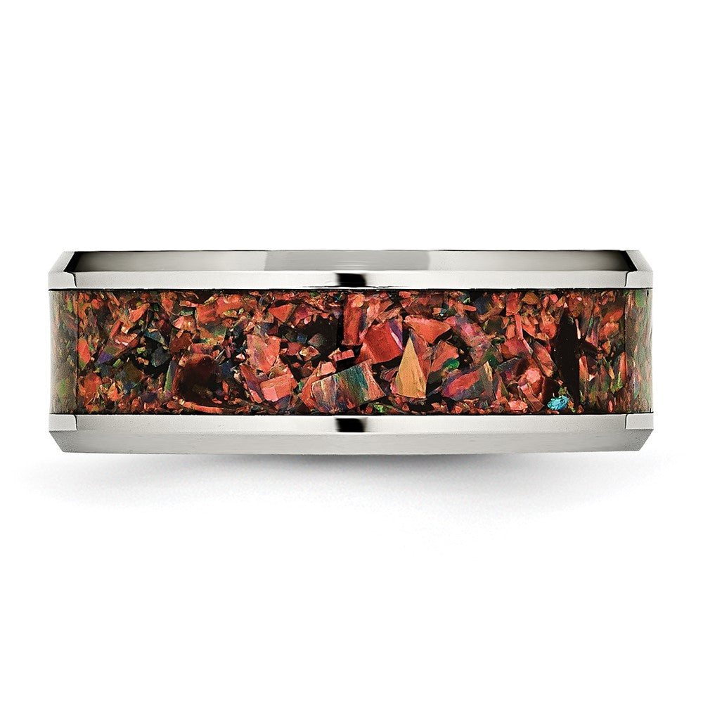 Stainless Steel Polished with Red Imitation Opal Inlay 8mm Band