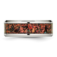Stainless Steel Polished with Red Imitation Opal Inlay 8mm Band