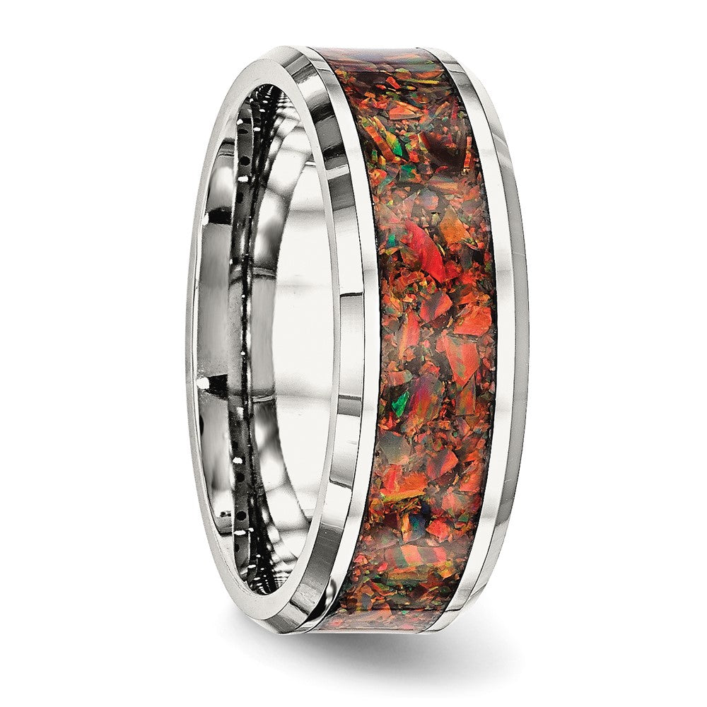 Stainless Steel Polished with Red Imitation Opal Inlay 8mm Band
