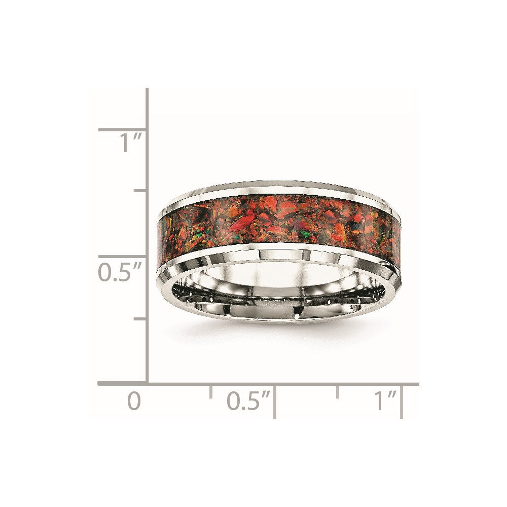Stainless Steel Polished with Red Imitation Opal Inlay 8mm Band