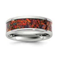 Stainless Steel Polished with Red Imitation Opal Inlay 8mm Band