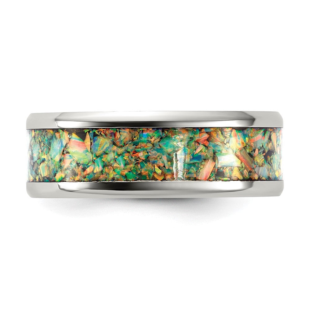 Stainless Steel Polished with Imitation Classic Opal Inlay 8mm Band