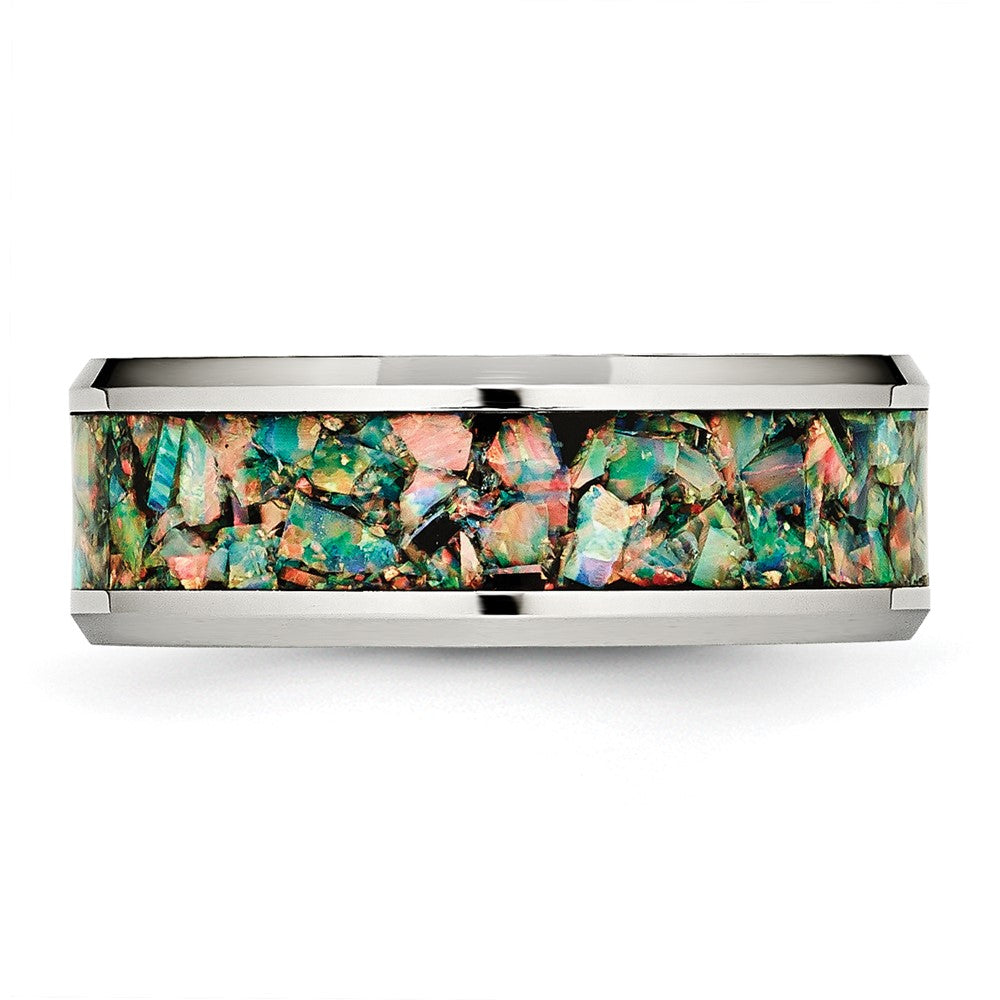 Stainless Steel Polished with Imitation Classic Opal Inlay 8mm Band