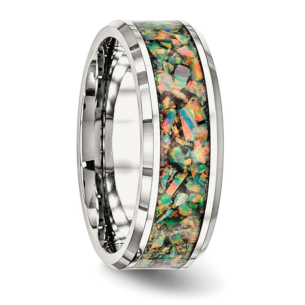 Stainless Steel Polished with Imitation Classic Opal Inlay 8mm Band