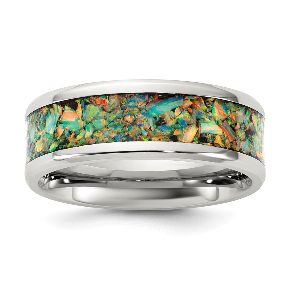 Stainless Steel Polished with Imitation Classic Opal Inlay 8mm Band