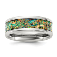 Stainless Steel Polished with Imitation Classic Opal Inlay 8mm Band