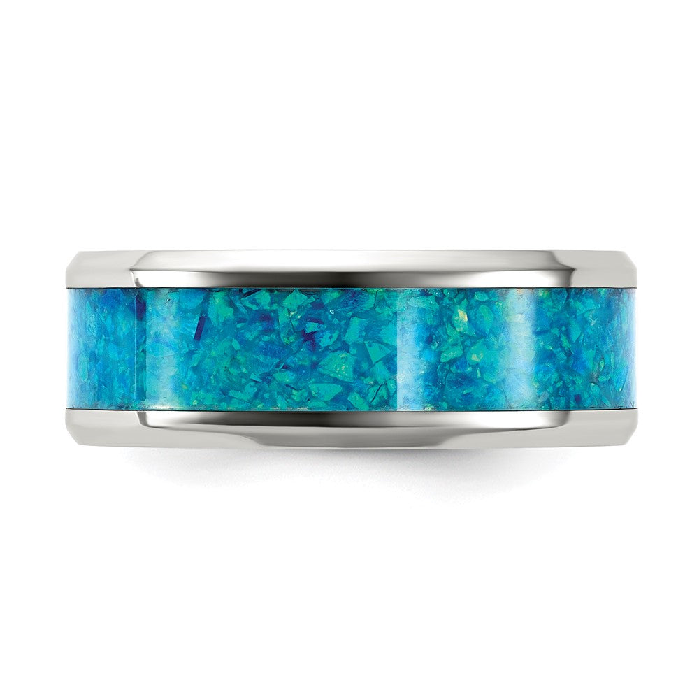Stainless Steel Polished with Blue Imitation Opal Inlay 8mm Band
