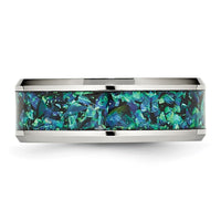 Stainless Steel Polished with Blue Imitation Opal Inlay 8mm Band