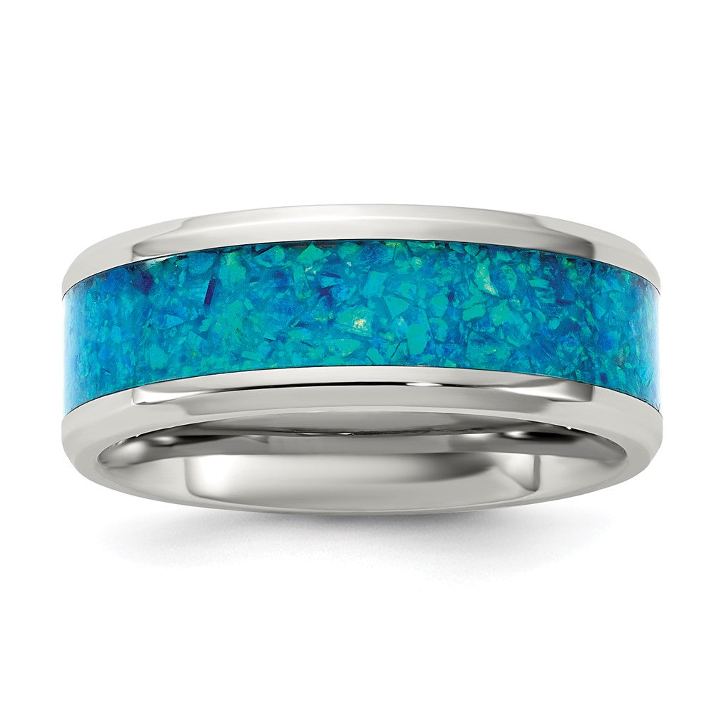 Stainless Steel Polished with Blue Imitation Opal Inlay 8mm Band