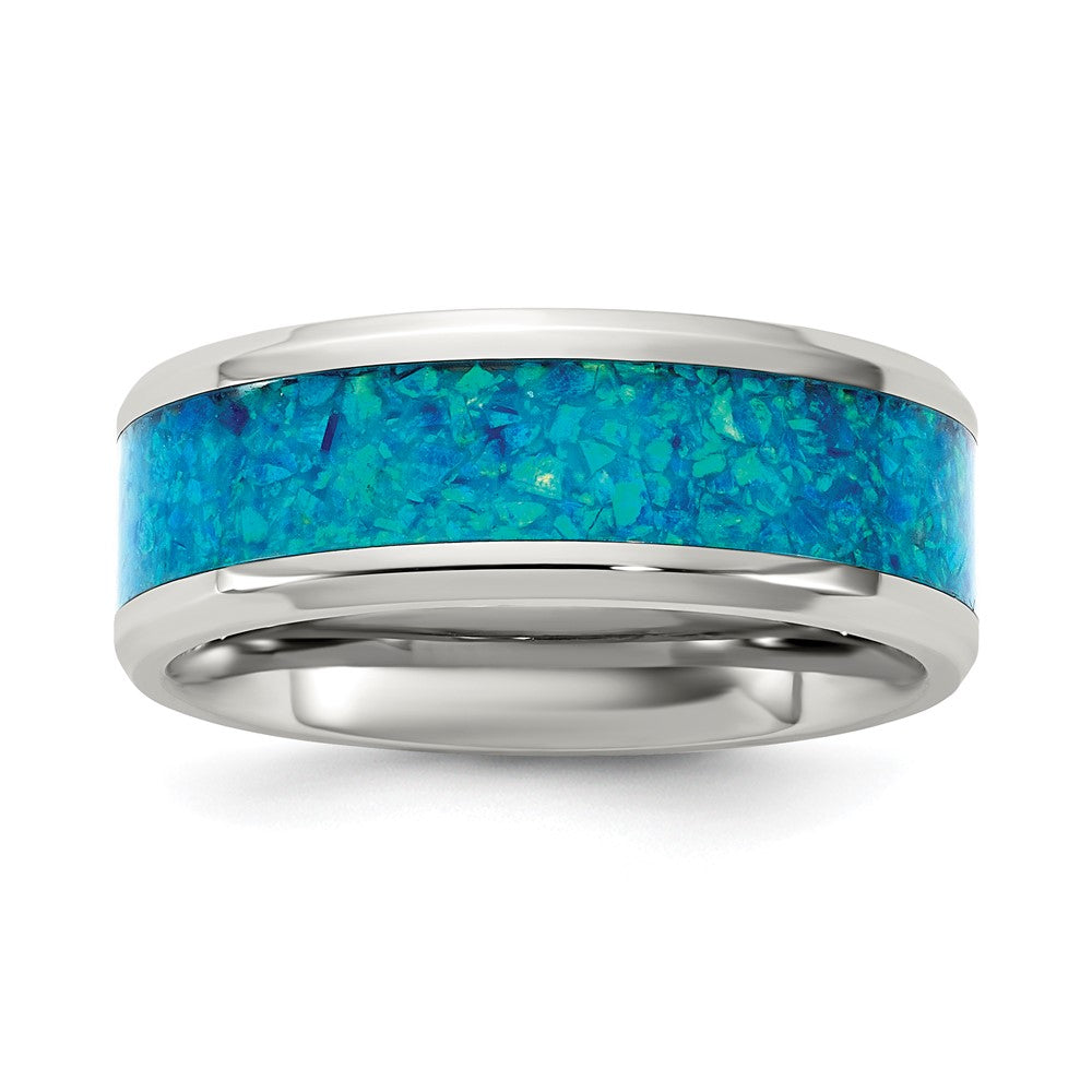 Stainless Steel Polished with Blue Imitation Opal Inlay 8mm Band