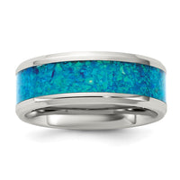 Stainless Steel Polished with Blue Imitation Opal Inlay 8mm Band