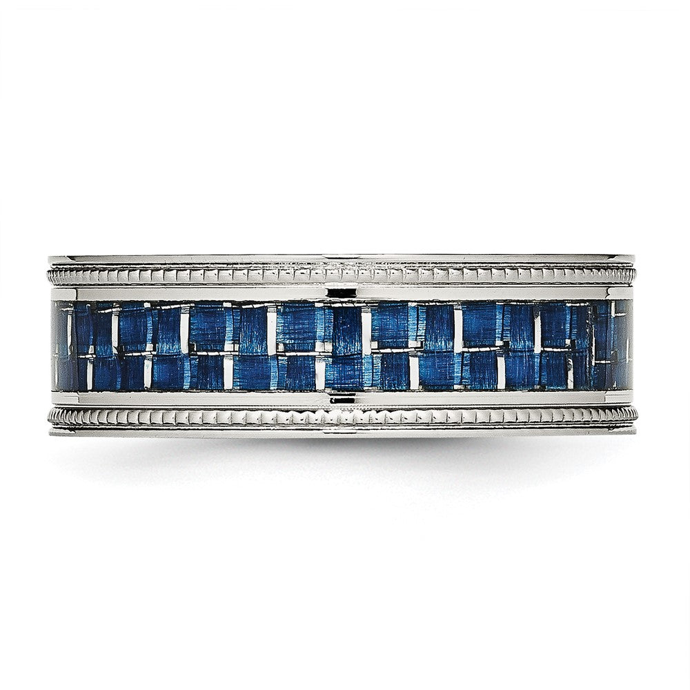 Stainless Steel Polished Blue Carbon Fiber Inlay Textured Edge 8mm Band