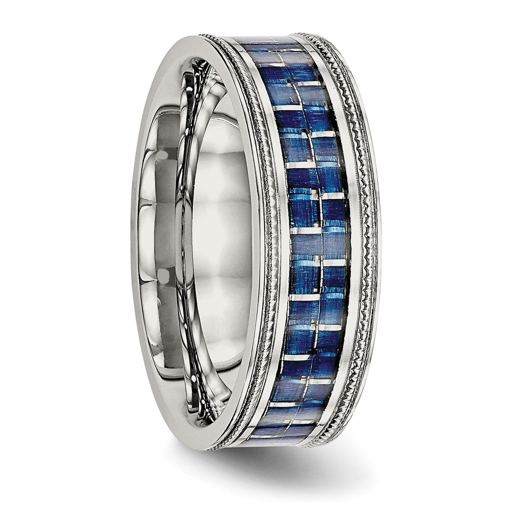 Stainless Steel Polished Blue Carbon Fiber Inlay Textured Edge 8mm Band