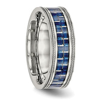 Stainless Steel Polished Blue Carbon Fiber Inlay Textured Edge 8mm Band