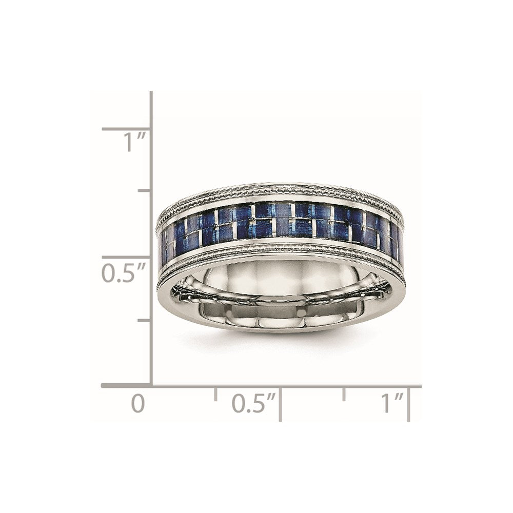 Stainless Steel Polished Blue Carbon Fiber Inlay Textured Edge 8mm Band