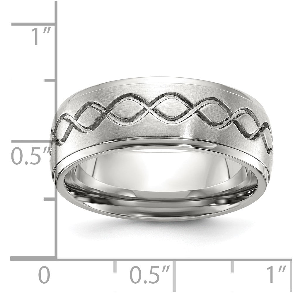 Stainless Steel Brushed & Polished Scroll Design 8mm Ridged Edge Band