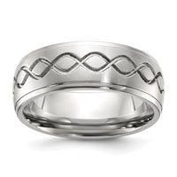 Stainless Steel Brushed & Polished Scroll Design 8mm Ridged Edge Band