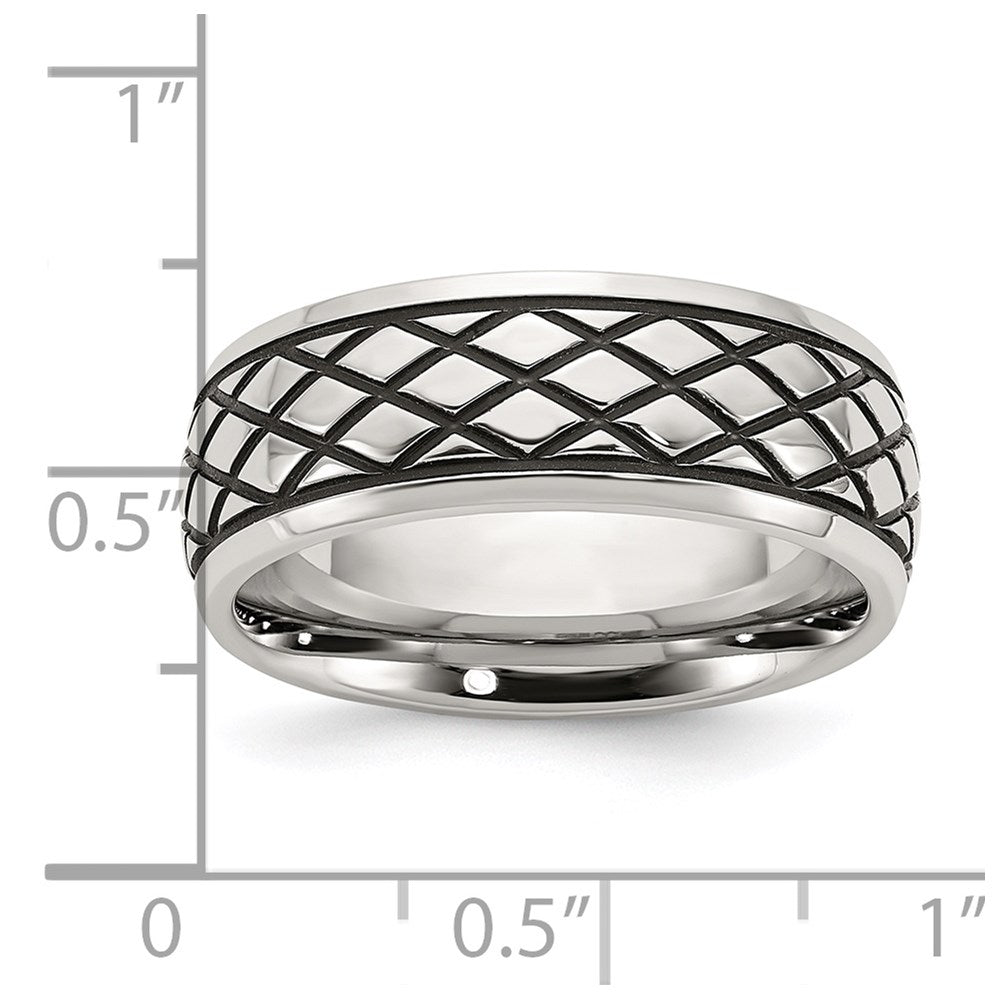 Stainless Steel Polished and Antiqued Checkered Pattern 8mm Band