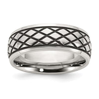 Stainless Steel Polished and Antiqued Checkered Pattern 8mm Band