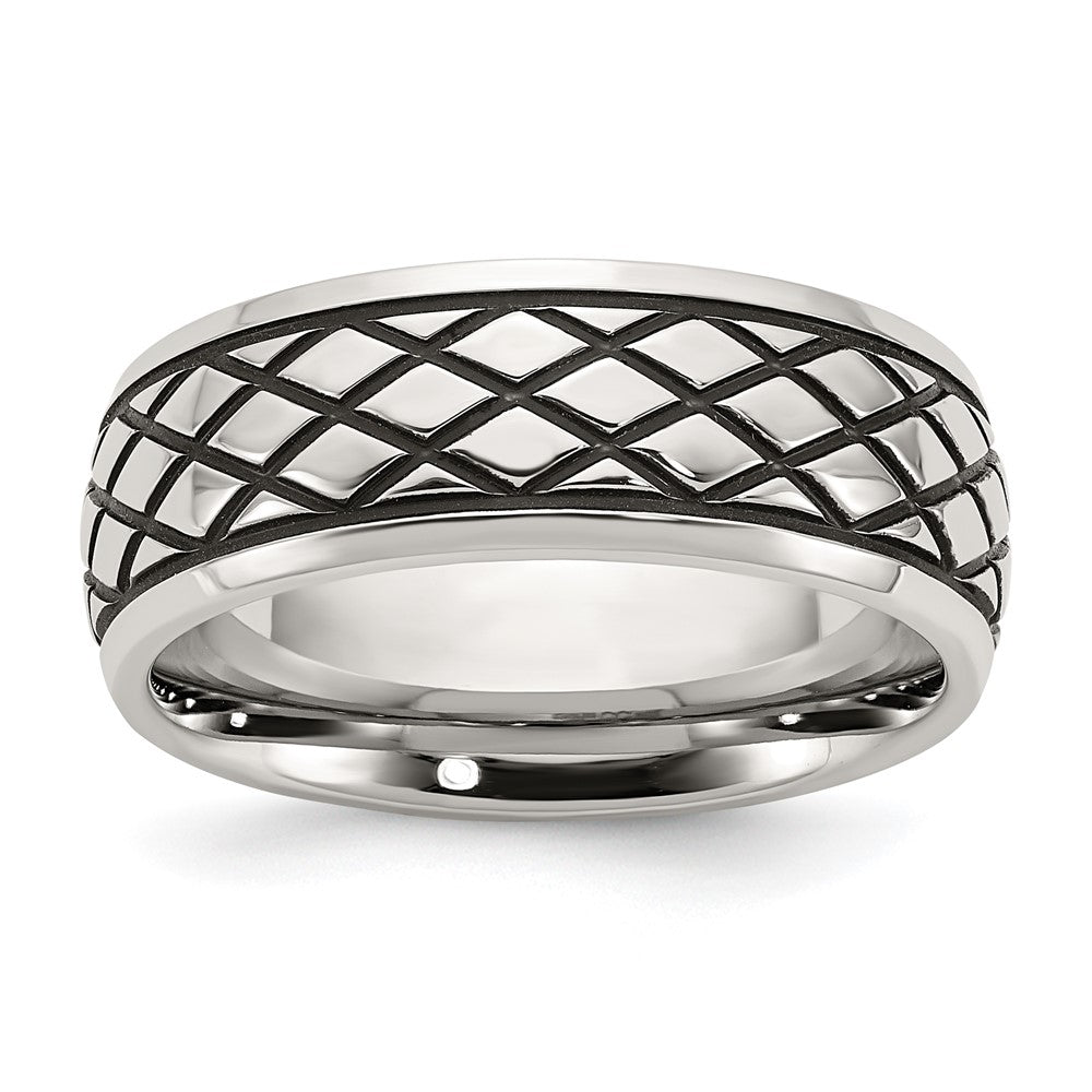 Stainless Steel Polished and Antiqued Checkered Pattern 8mm Band