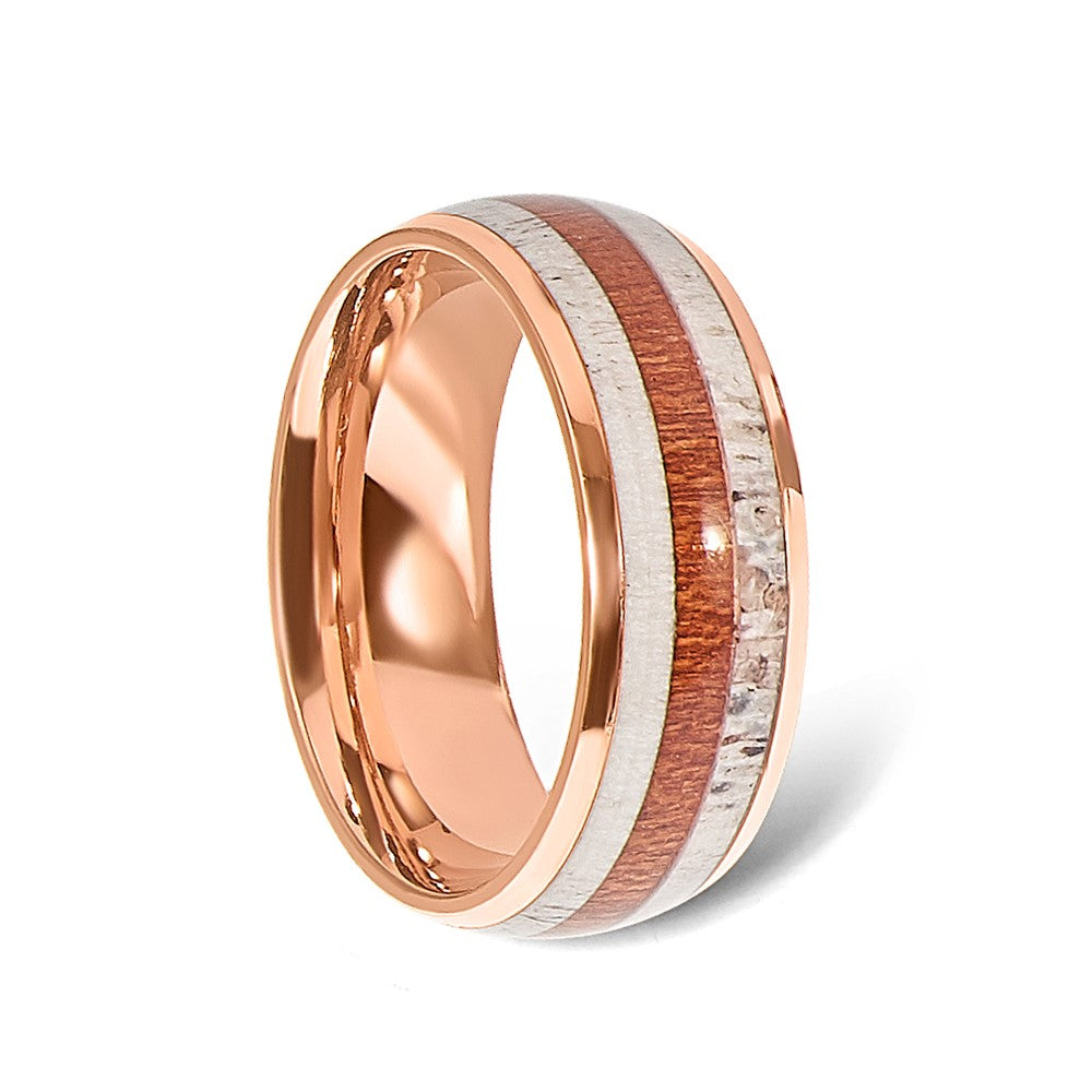 Stainless Steel Polished Rose IP w/Wood and Antler Inlay 8mm Band