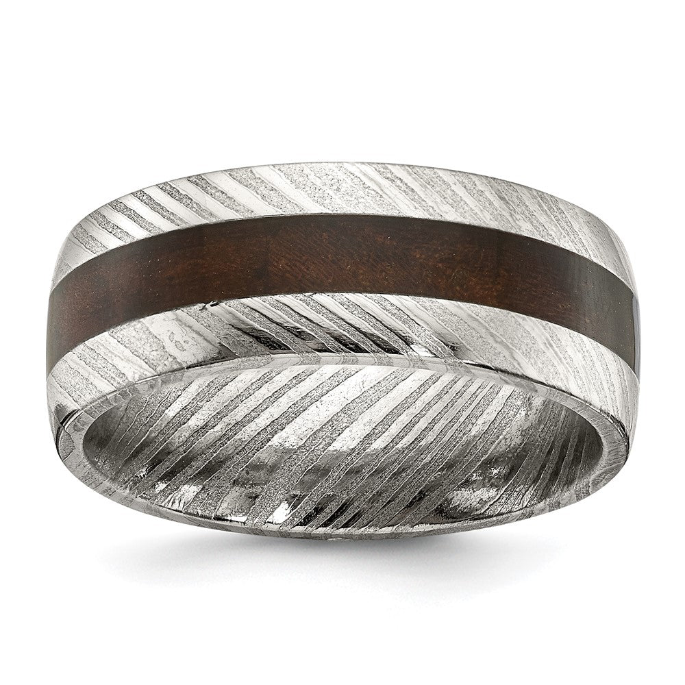 Damascus Steel Polished with Ebony Wood Inlay 8mm Band