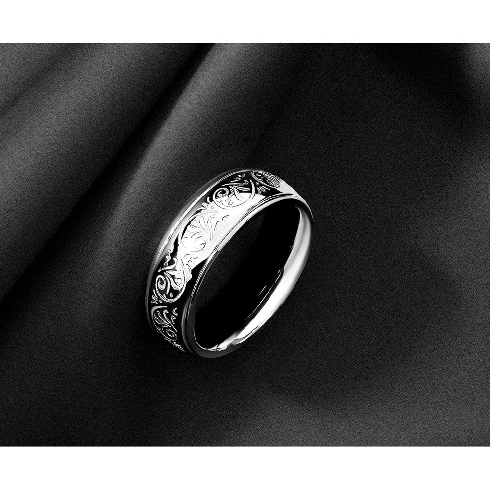 Stainless Steel Polished Etched Design Ridged Edge 7.5mm Band