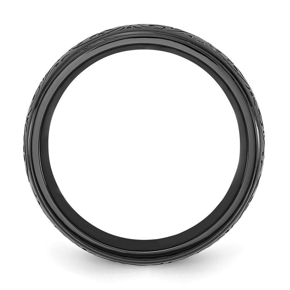 Stainless Steel Polished Black IP Etched Design Ridged Edge 7.5mm Band