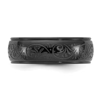 Stainless Steel Polished Black IP Etched Design Ridged Edge 7.5mm Band
