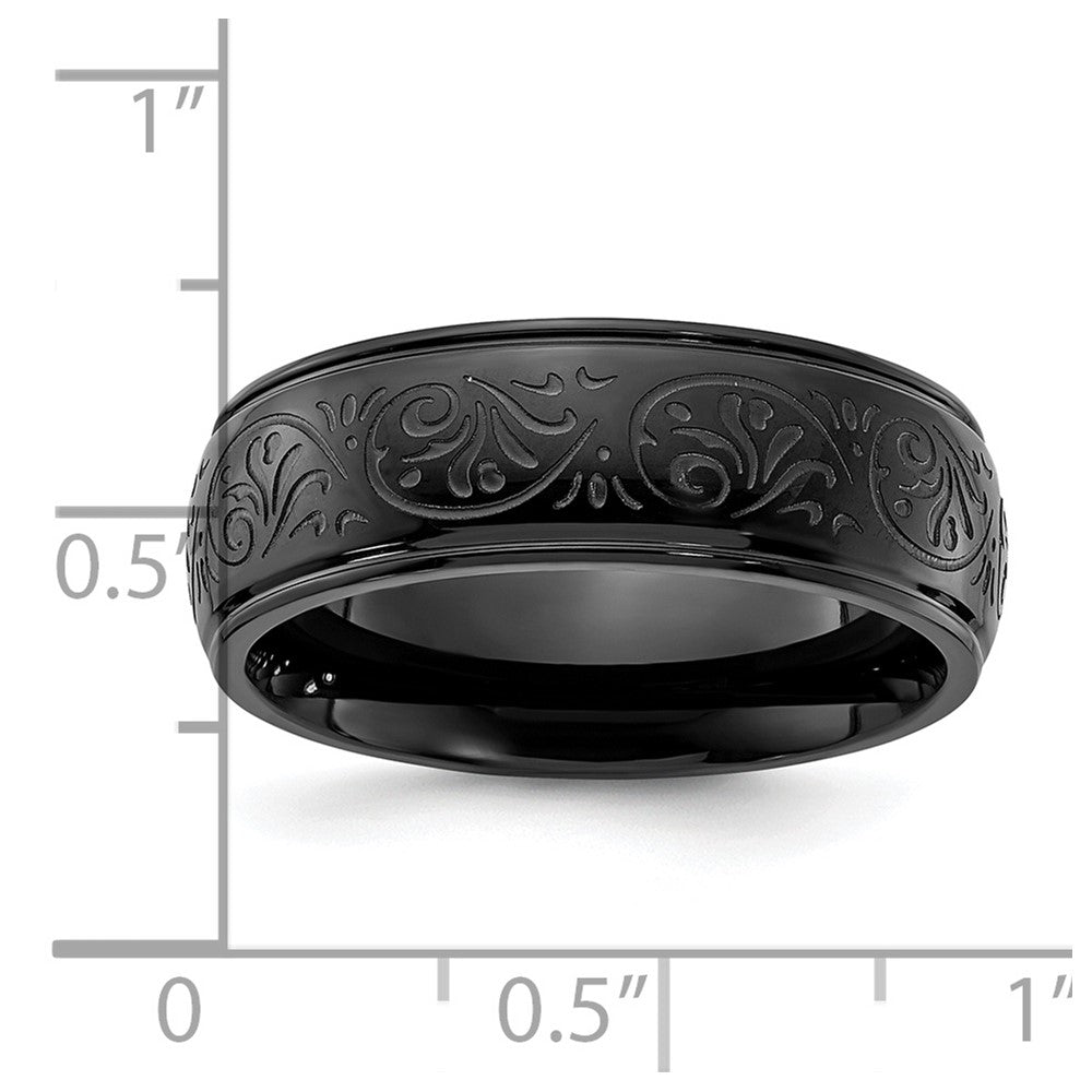 Stainless Steel Polished Black IP Etched Design Ridged Edge 7.5mm Band