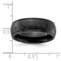 Stainless Steel Polished Black IP Etched Design Ridged Edge 7.5mm Band