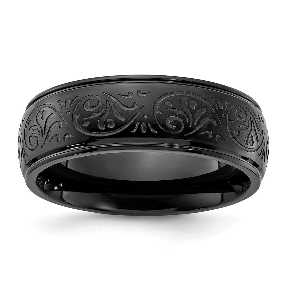 Stainless Steel Polished Black IP Etched Design Ridged Edge 7.5mm Band