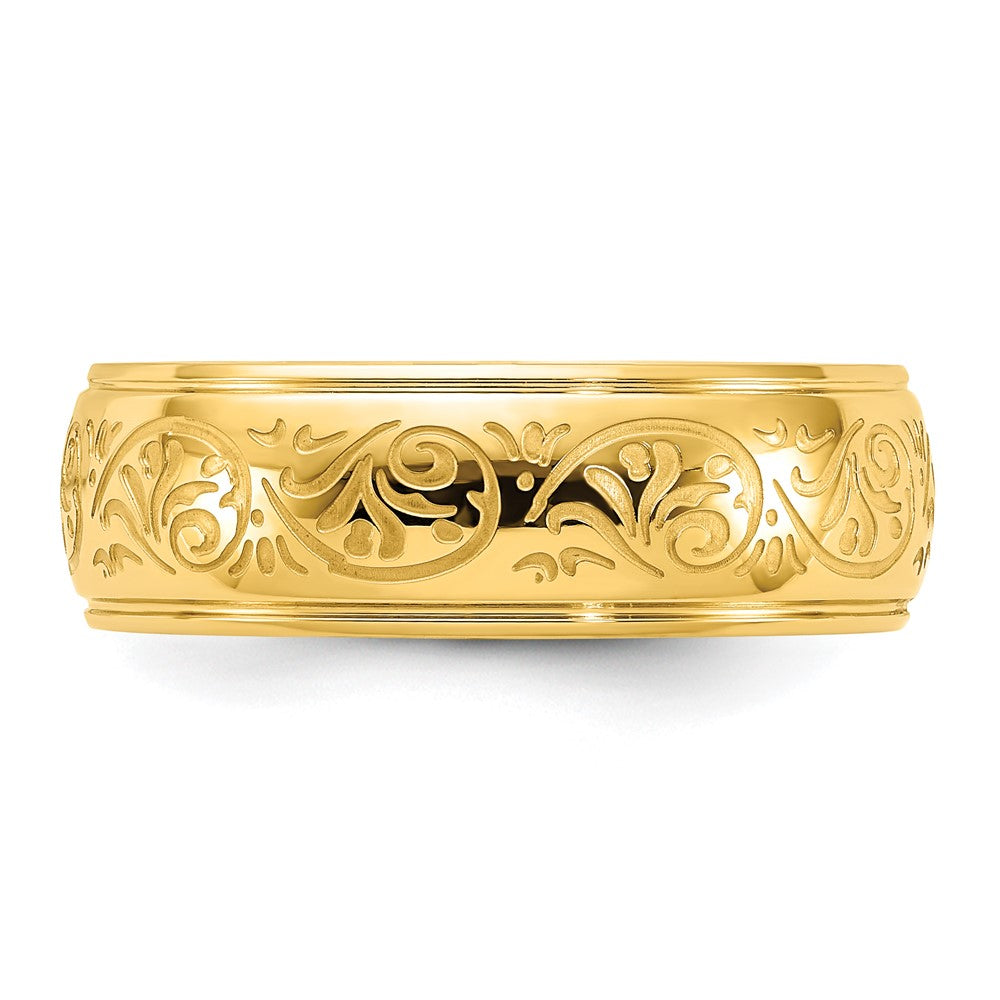 Stainless Steel Polished Yellow IP Etched Design Ridged Edge 7.5mm Band