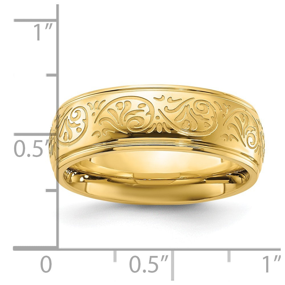 Stainless Steel Polished Yellow IP Etched Design Ridged Edge 7.5mm Band