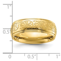 Stainless Steel Polished Yellow IP Etched Design Ridged Edge 7.5mm Band