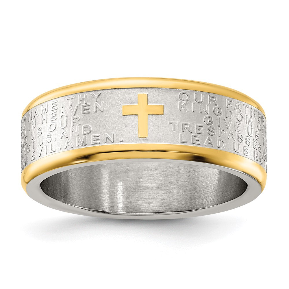 Stainless Steel Brushed & Polished Yellow IP Lord's Prayer 8mm Band