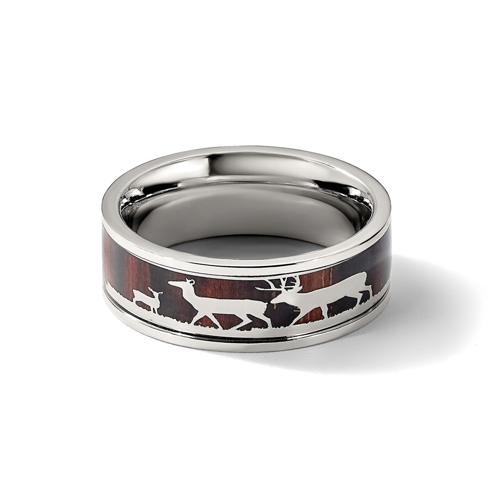 Stainless Steel Polished with Wood Inlay Deer Design 8mm Band